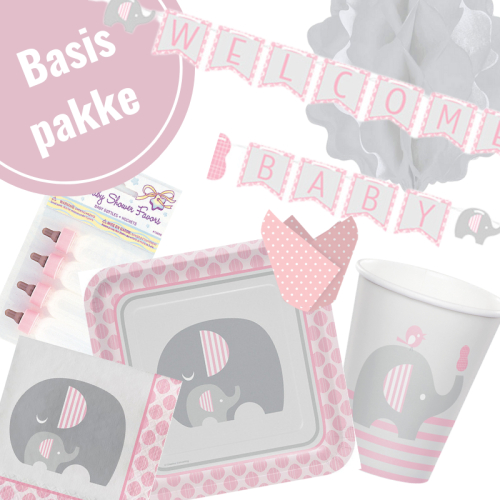 baby festpakke til babyshower, navngivning, dåb, lyserødt med elefant 