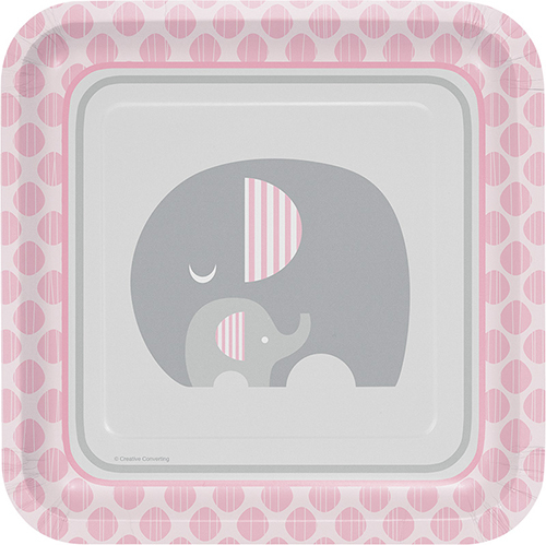 Paptallerkner til babyshower, navngivning, barnedåb med elefant lyserødt
