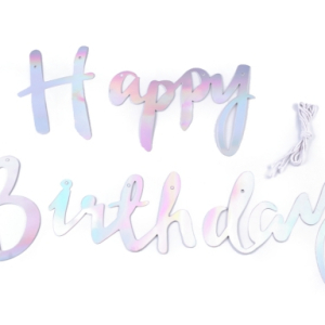 Fødselsdags banner med glimmer bogstaver hvor der står happy birthday