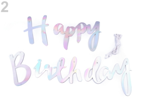 Fødselsdags banner med glimmer bogstaver hvor der står happy birthday