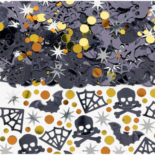 Halloween konfetti med flagermus, spindelvæv og dødningehoveder