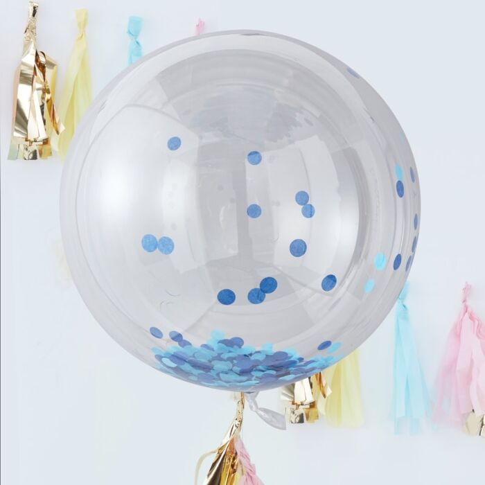 Konfetti balloner, Orb, transparent med lyseblå konfetti  - 3 stk.