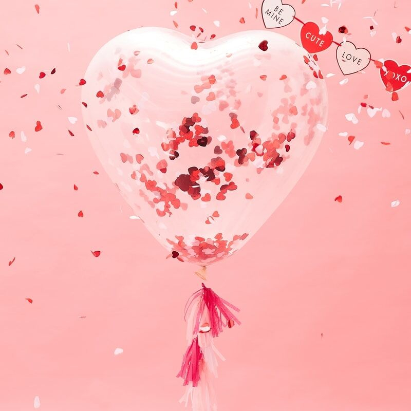 Hjerte ballon med konfetti, transparent - 1 stk.