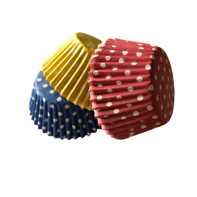 Muffinsforme med prikker, rød, blå, gul - 75 stk.