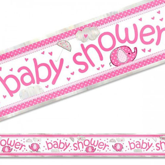 Baby Shower banner m. elefant og paraply, lyserødt - 1 stk.