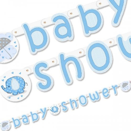 Billede af Baby Shower banner til væg m. elefant og paraply, lyseblåt - 1 stk.
