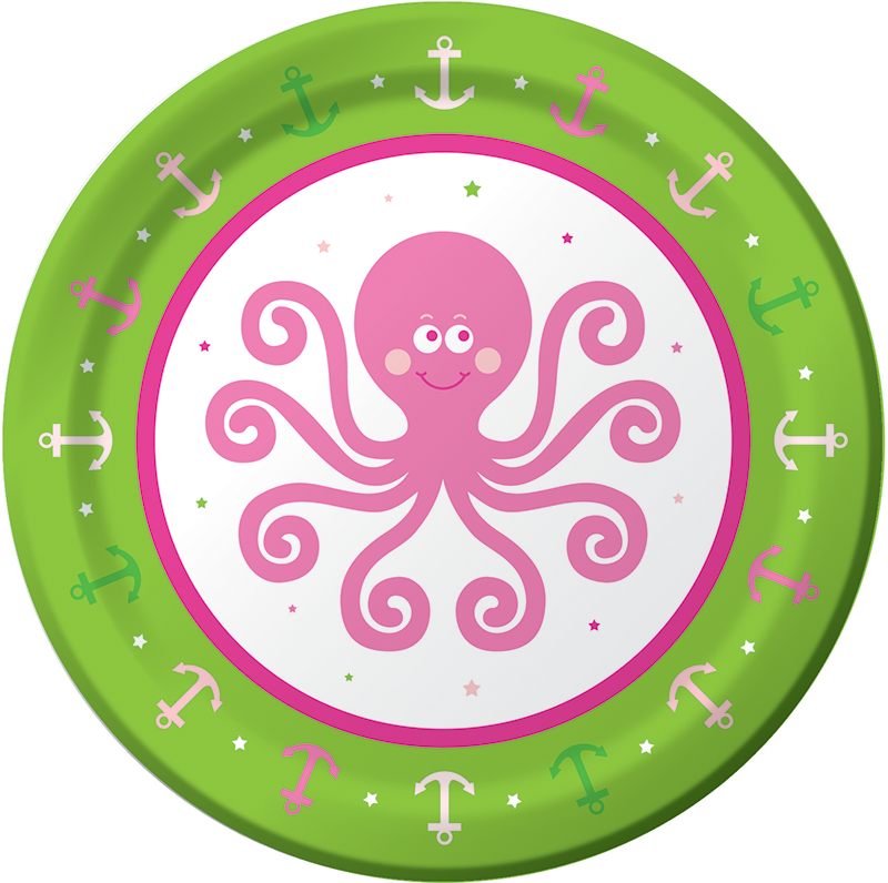 Paptallerkner lyserødt/pink/grøn med blæksprutte - 8 stk.