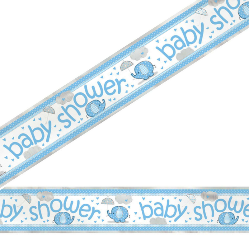 Billede af Baby Shower banner til væg med elefant og paraply, lyseblå - 1 stk.