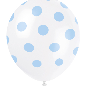 hvide balloner med lyseblå prikker