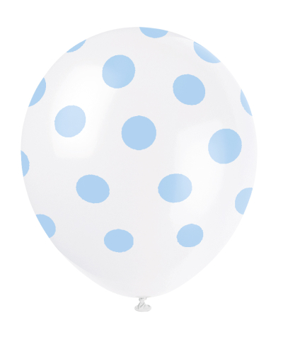 hvide balloner med lyseblå prikker