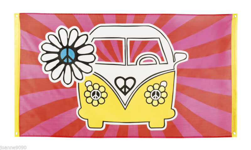 Billede af Banner / flag til pigefødselsdag eller tema fest med hippie bus og peace tegn - 1 stk.