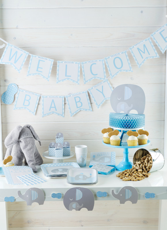 Pynt til baby shower med peanut elefant i blå toner